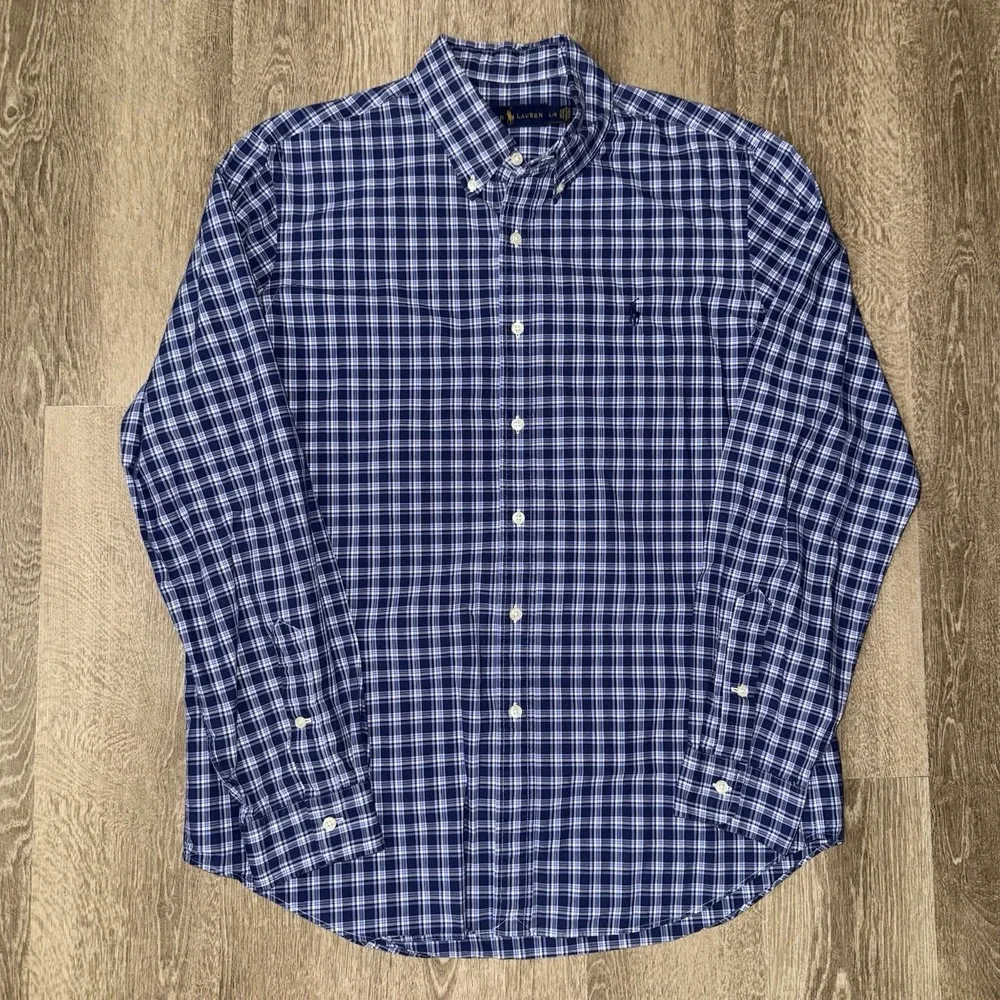 Polo Ralph Lauren Long Sleeve Button Down‎ Oxford Shirt Men's L Blue White Plaid